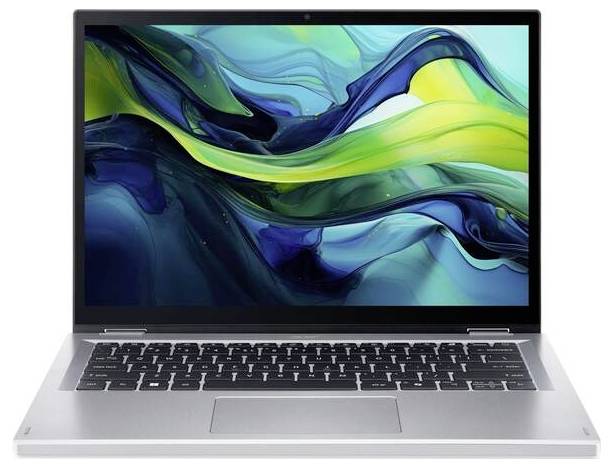 Ein geöffneter Laptop mit einem Bildschirm, der ein abstraktes, mehrfarbiges Design zeigt. Das Gerät hat eine silberne Tastatur.