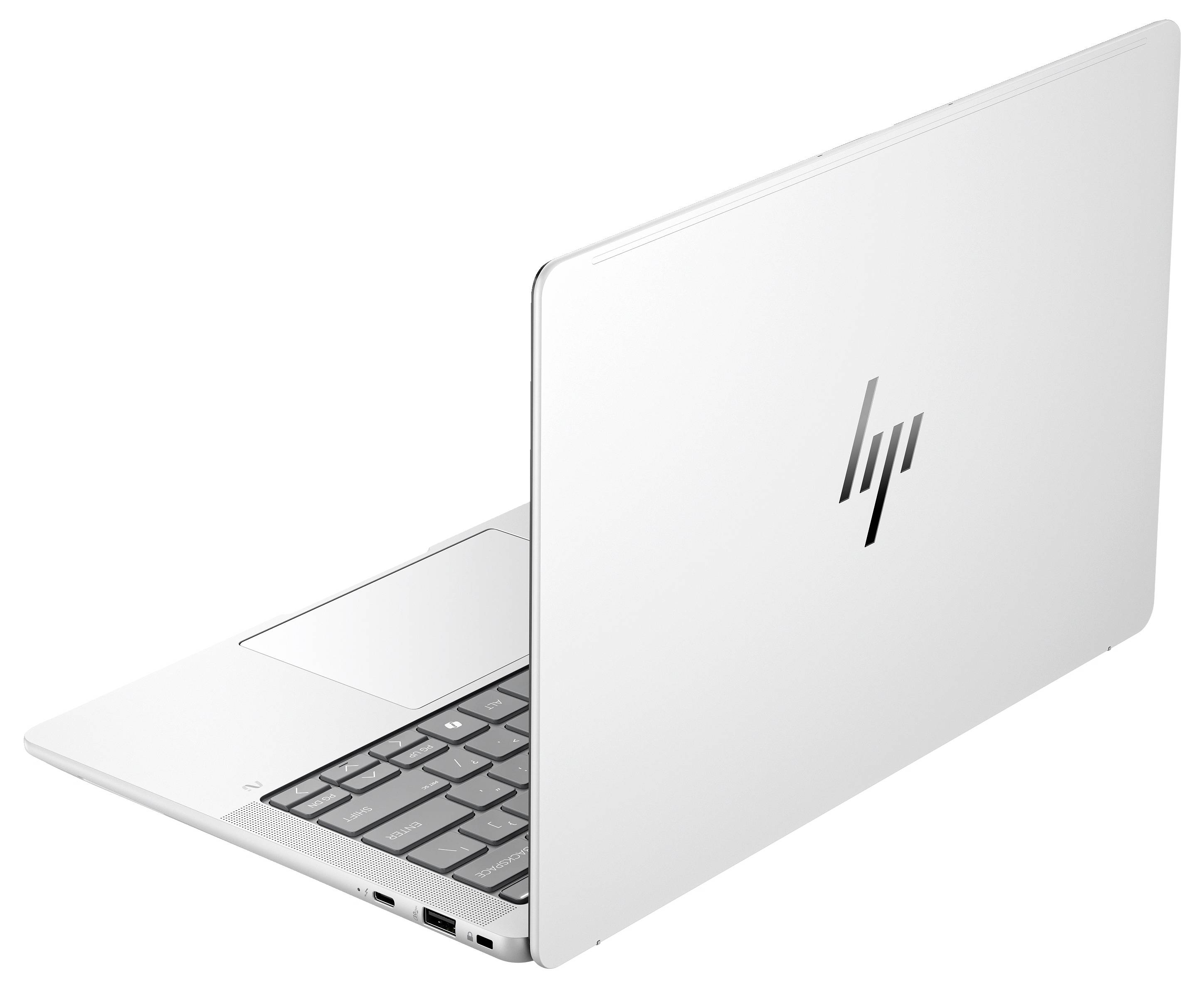 Ein silberner Laptop von hinten, aufgeklappt mit sichtbarer Tastatur und dem HP-Logo auf der Rückseite des Bildschirms.