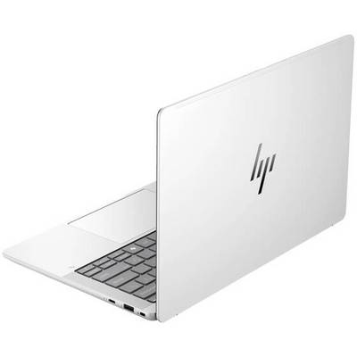 Ein silberner Laptop in Seitenansicht mit geöffneter Klappe. Auf der Rückseite ist ein stilisiertes Logo zu sehen.