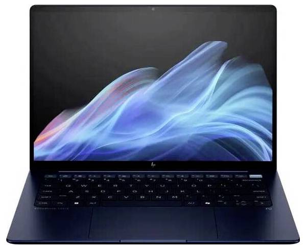 Ein schlanker Laptop mit einem lebendig leuchtenden Bildschirm, der blau-rosa Wellenmuster zeigt. Die Tastatur ist schwarz.