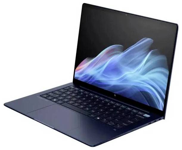 Ein offenes Laptop mit schwarzer Tastatur und einem Bildschirm, der ein abstraktes blaues und rotes Lichtmuster zeigt.