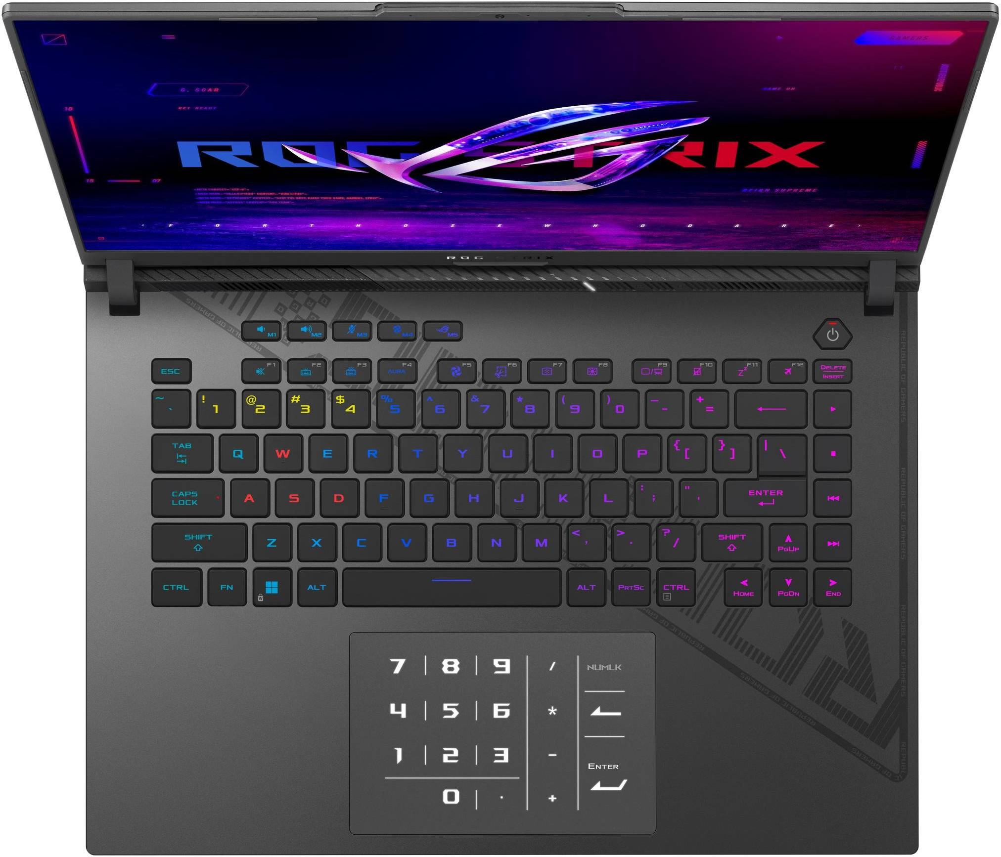 Ein Gaming-Laptop mit beleuchteter Tastatur und integriertem Zahlenblock auf dem Touchpad. Logo und bunte LED-Displays sind sichtbar.
