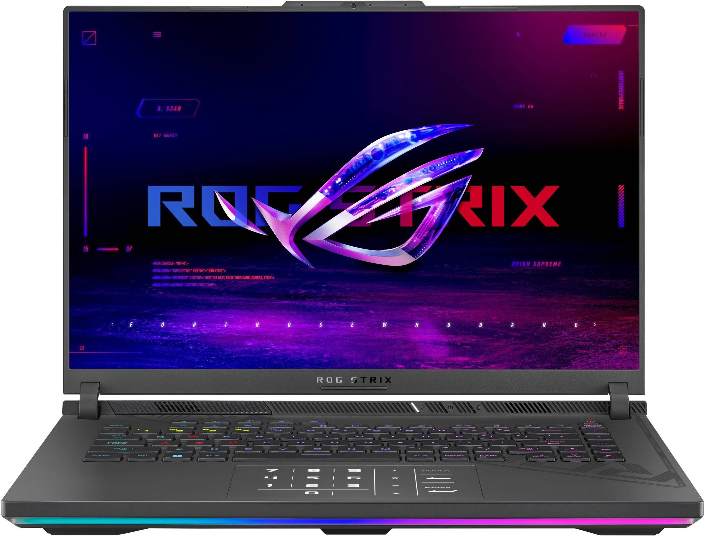 Gaming-Laptop mit beleuchteter Tastatur und großem Bildschirm, zeigt das Logo und den Schriftzug 'ROG STRIX' auf farbigem Hintergrund.