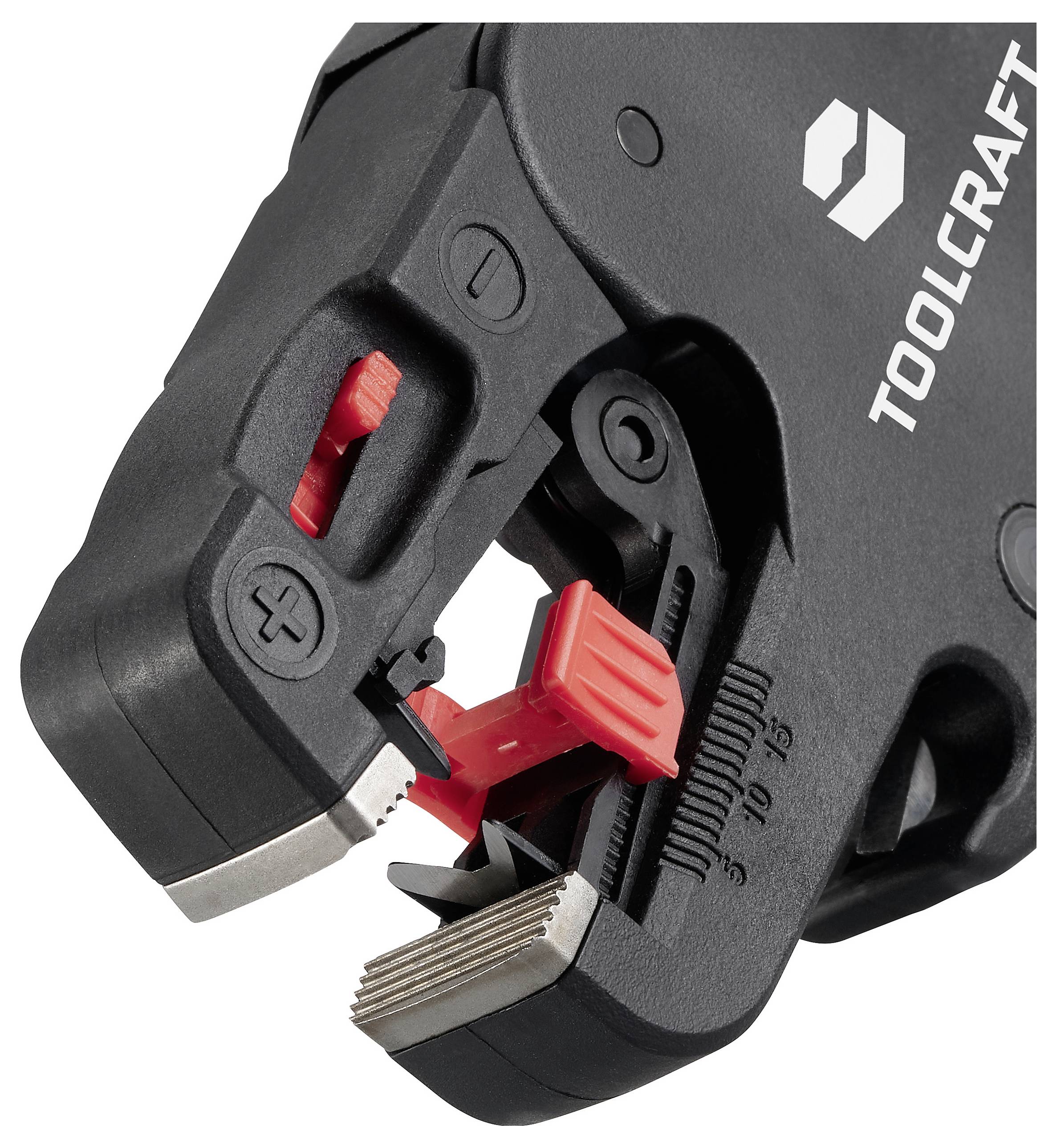 Ein Nahaufnahme eines schwarz-roten Abisolierzangenwerkzeugs mit Einstellungsmöglichkeiten, das Bedienelemente zum Schneiden und Abisolieren von Drähten unterschiedlicher Größen zeigt.