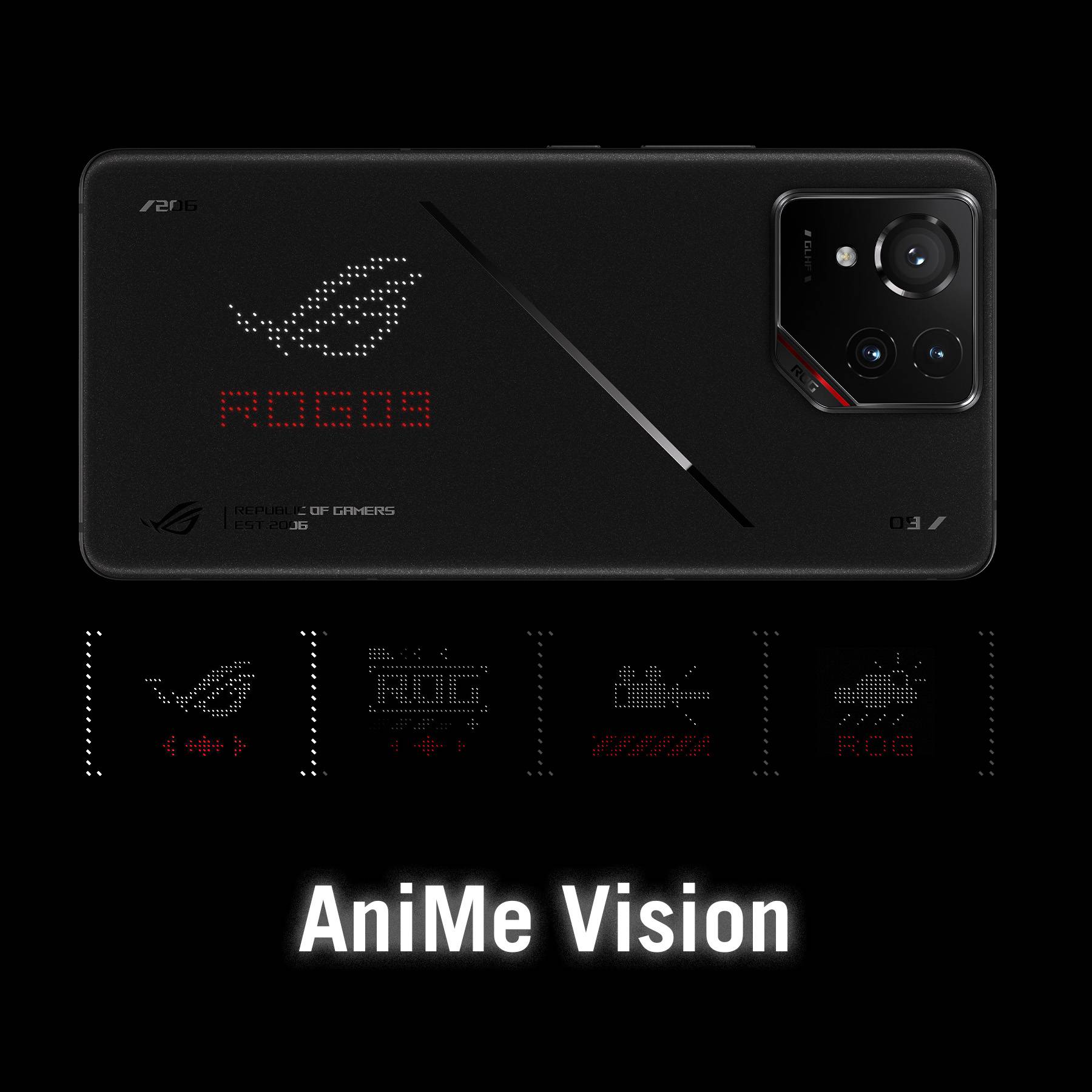 'ROG Phone mit AniMe Vision' zeigt Rückseite eines Handys mit animiertem LED-Display. Verschiedene pixelartige Designs sichtbar.