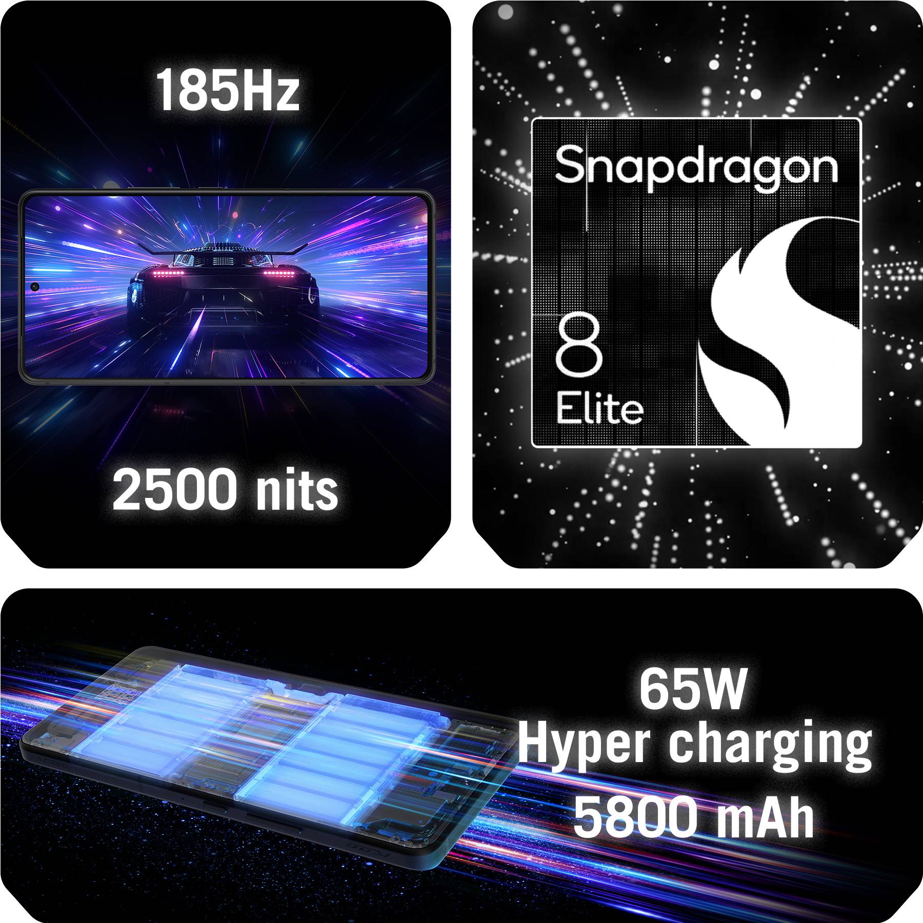 Smartphone-Spezifikationen: 185Hz Display, Helligkeit 2500 Nits, Snapdragon 8 Elite Prozessor, 65W Schnellladung, 5800 mAh Akku.