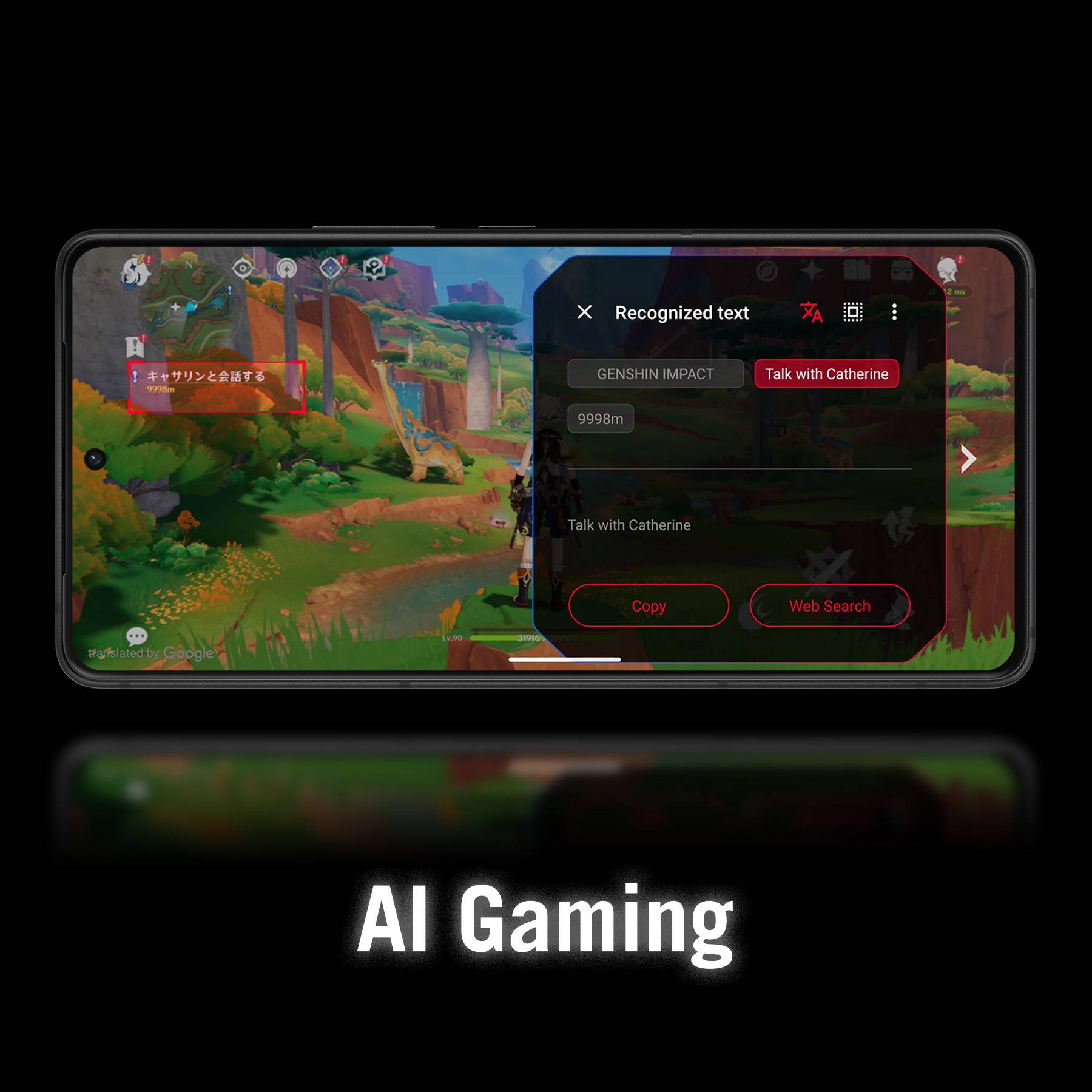 Smartphone-Bildschirm zeigt das Spiel 'Genshin Impact' mit einem Overlay für Texterkennung und Optionen wie 'Talk with Catherine'. Darunter steht 'AI Gaming'.