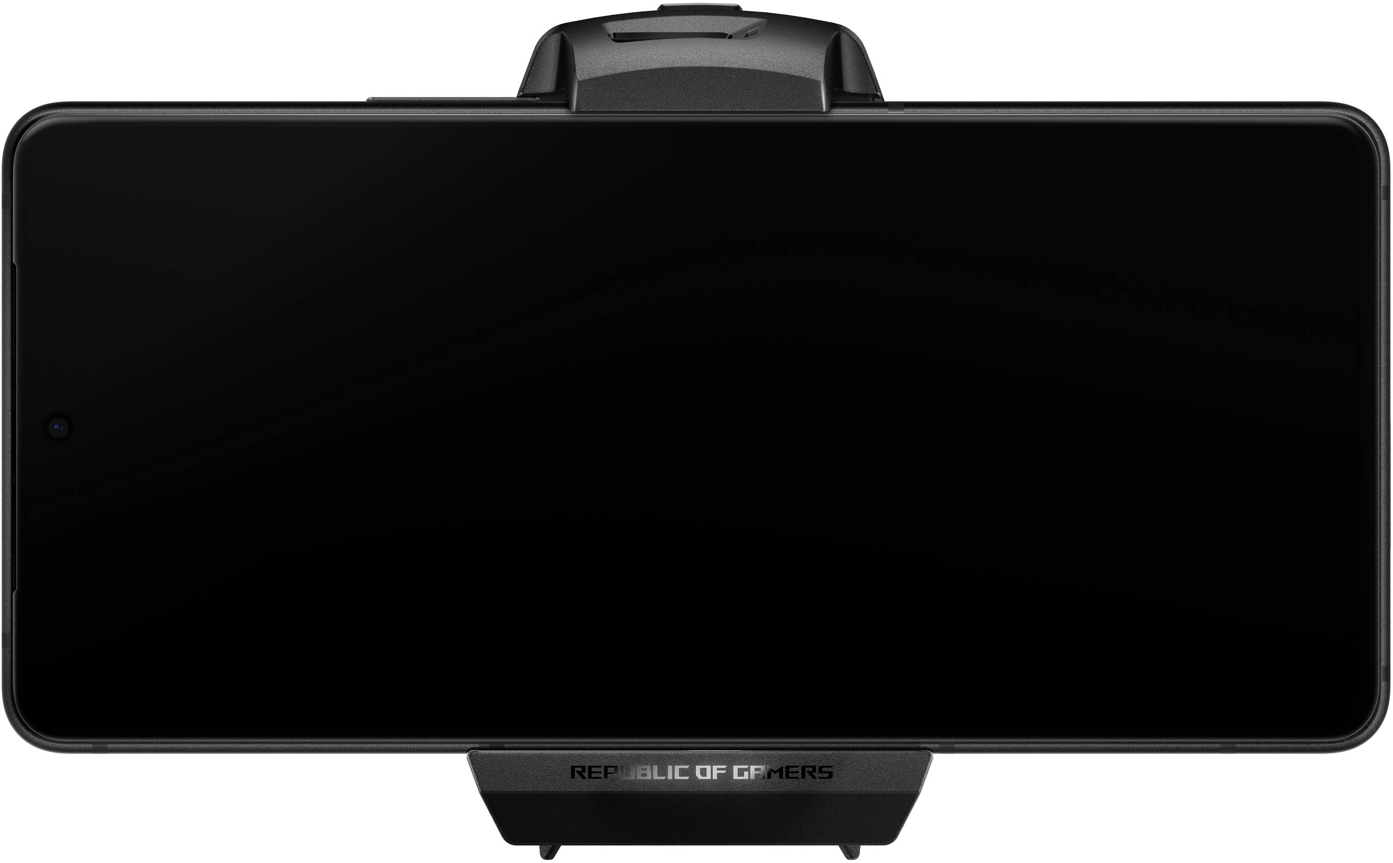 Ein schwarzes Gaming-Smartphone liegt horizontal. Oben und unten sieht man Teile einer Halterung mit dem Schriftzug 'Republic of Gamers'.
