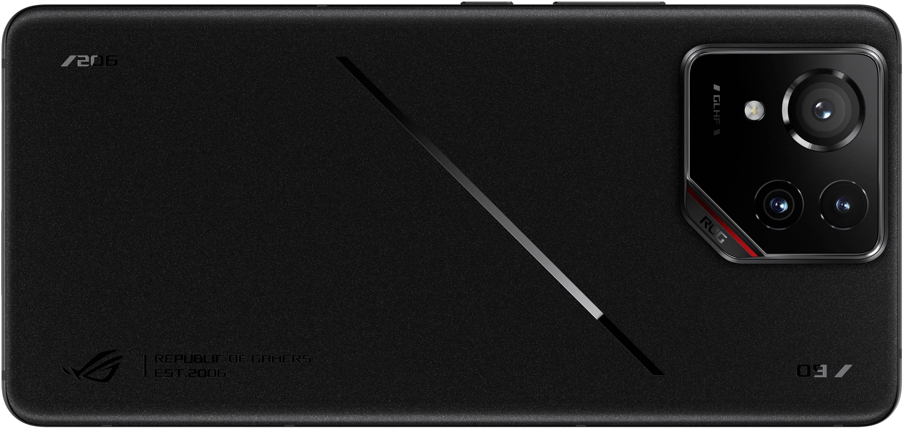 Ein schwarzes Smartphone mit drei Kameralinsen und einem LED-Blitz links oben; Logo 'ROG' und Text 'REPUBLIC OF GAMERS' rechts.
