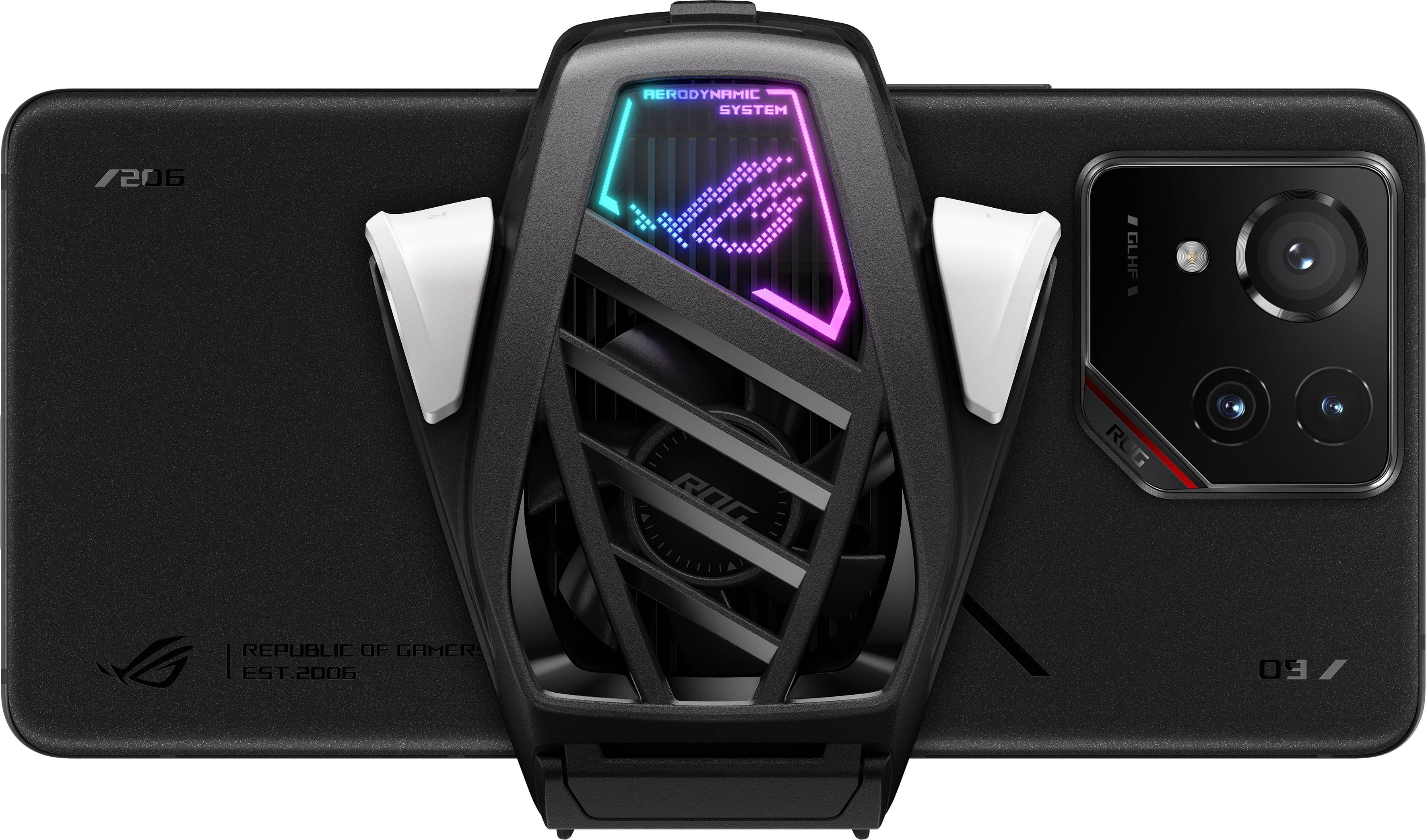 Smartphone mit einem externen Kühlsystem auf der Rückseite, das mit RGB-Beleuchtung leuchtet. Stark auf Gaming-Design ausgelegt.