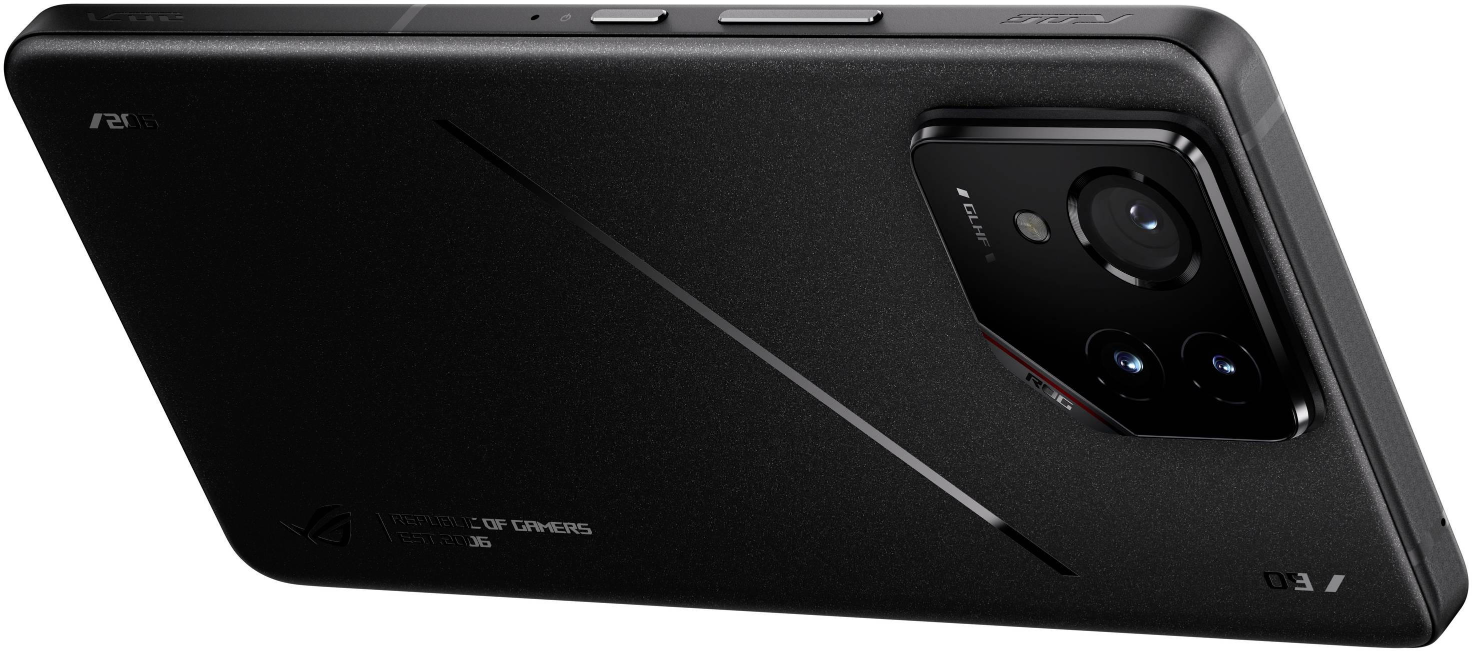 Ein schwarzes Smartphone mit drei Kameras auf der Rückseite, schräg von links hinten fotografiert. Es zeigt schlankes, modernes Design.