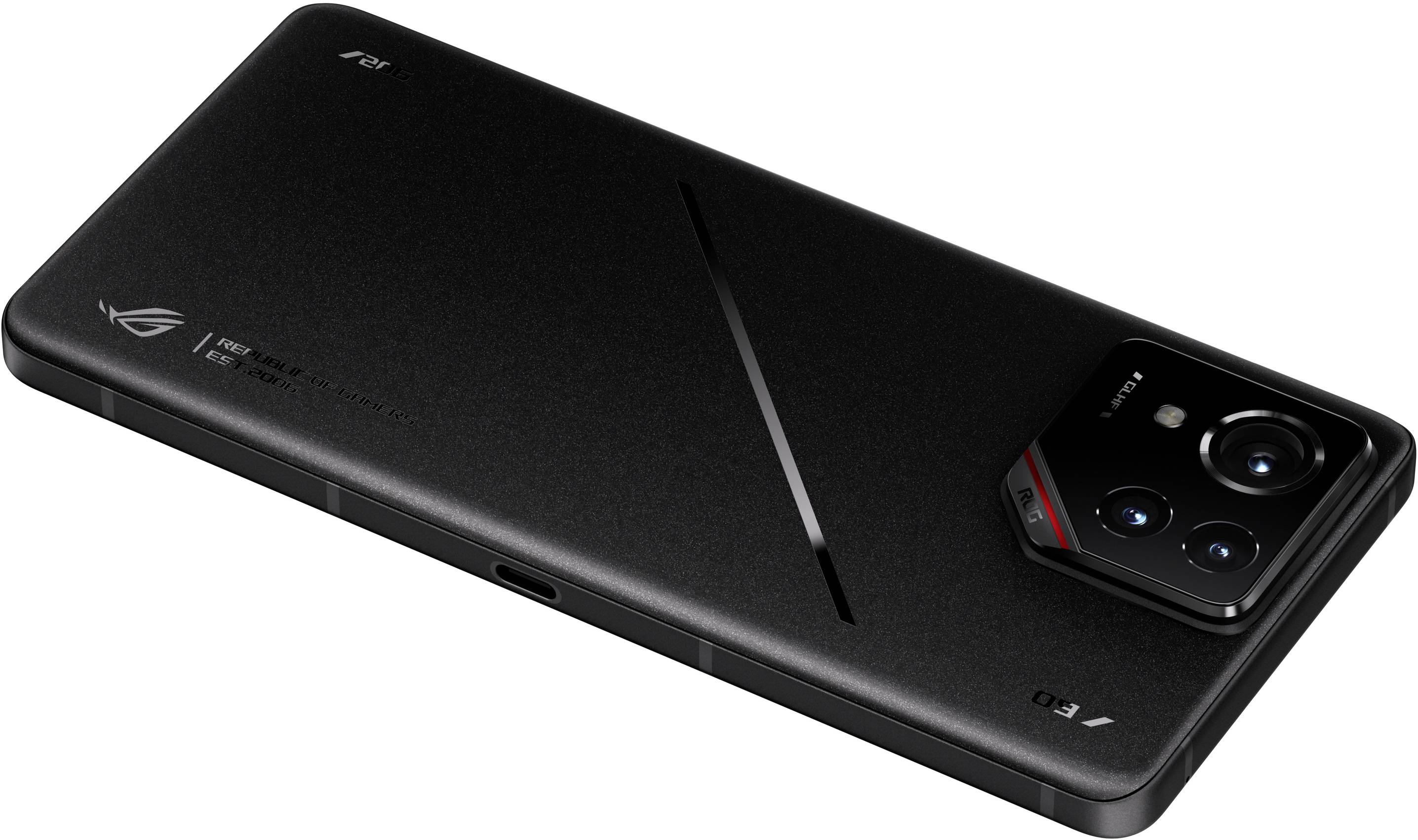 Schwarzes Smartphone mit drei Kameras auf der Rückseite, seitlicher USB-C-Anschluss. Gehäusedesign enthält dezente Linienstruktur.