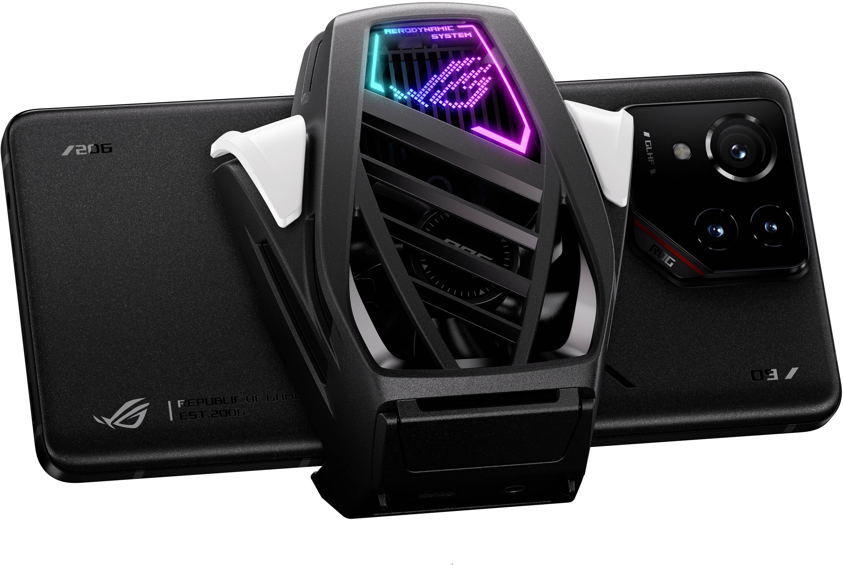 Ein schwarzes Smartphone mit großem Kameramodul liegt auf einer Seite. Auf der Rückseite ist ein futuristischer, beleuchteter Lüfter angebracht.