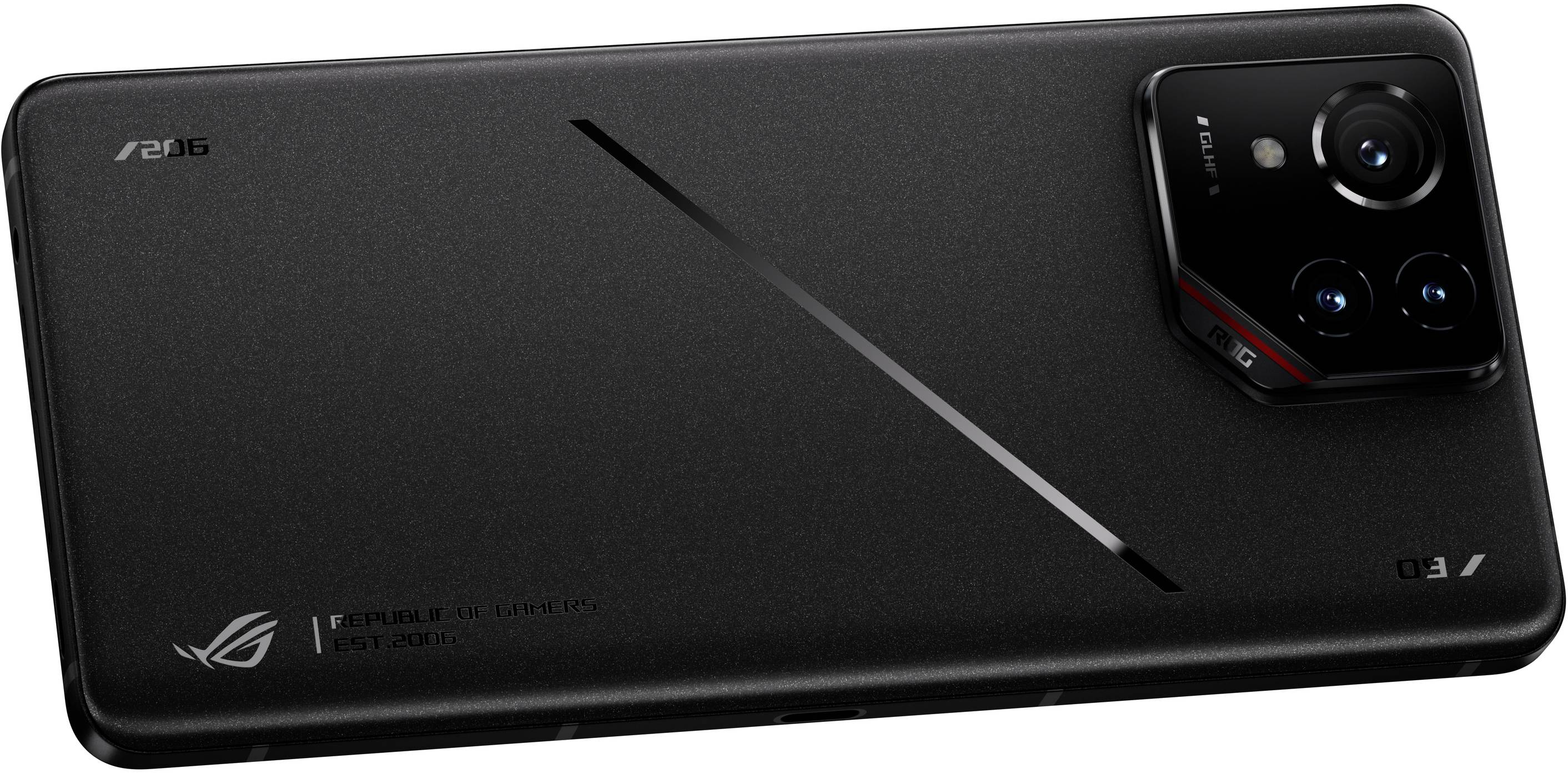 Schwarzes Smartphone mit drei Kameralinsen auf der Rückseite, markanter Kamerabuckel, diagonale Linie über die Rückseite verlaufend.
