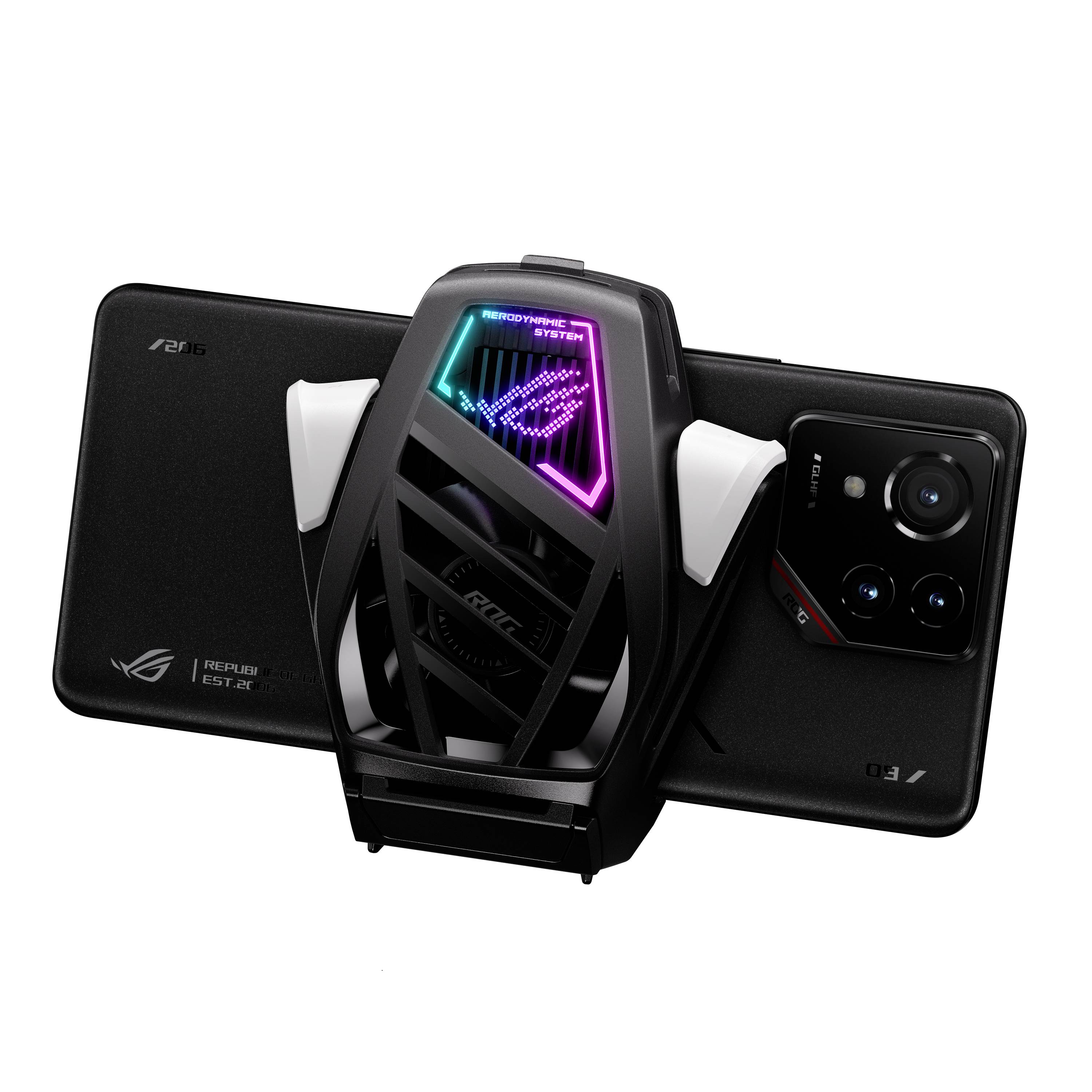 Rückseite eines schwarzen Smartphones mit einem angebrachten Kühlgerät und leuchtenden LED-Lichtern; Kameramodul oben rechts.