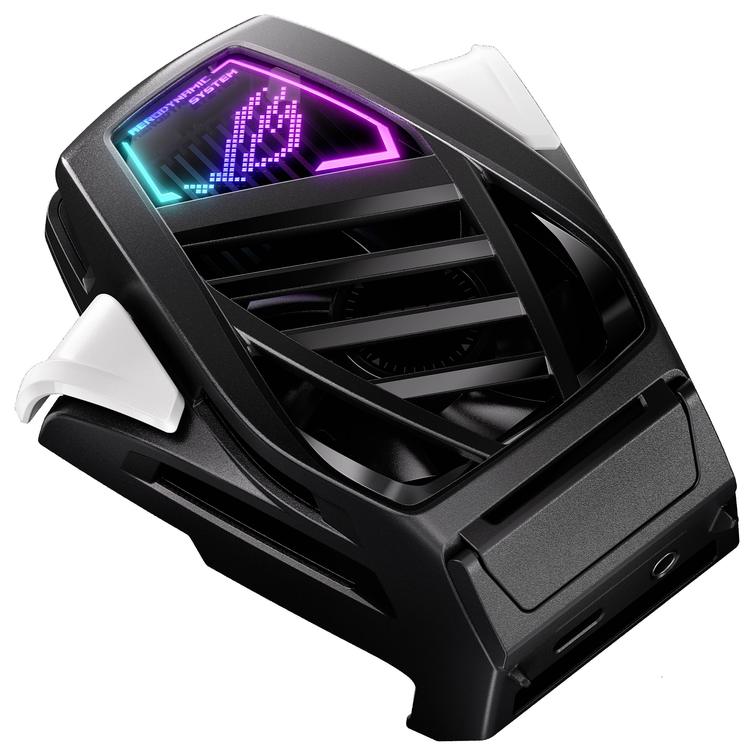 Externer Smartphone-Kühler mit RGB-Beleuchtung und Lüfter. Design in Schwarz mit weißen Akzenten. Geeignet für Gaming.