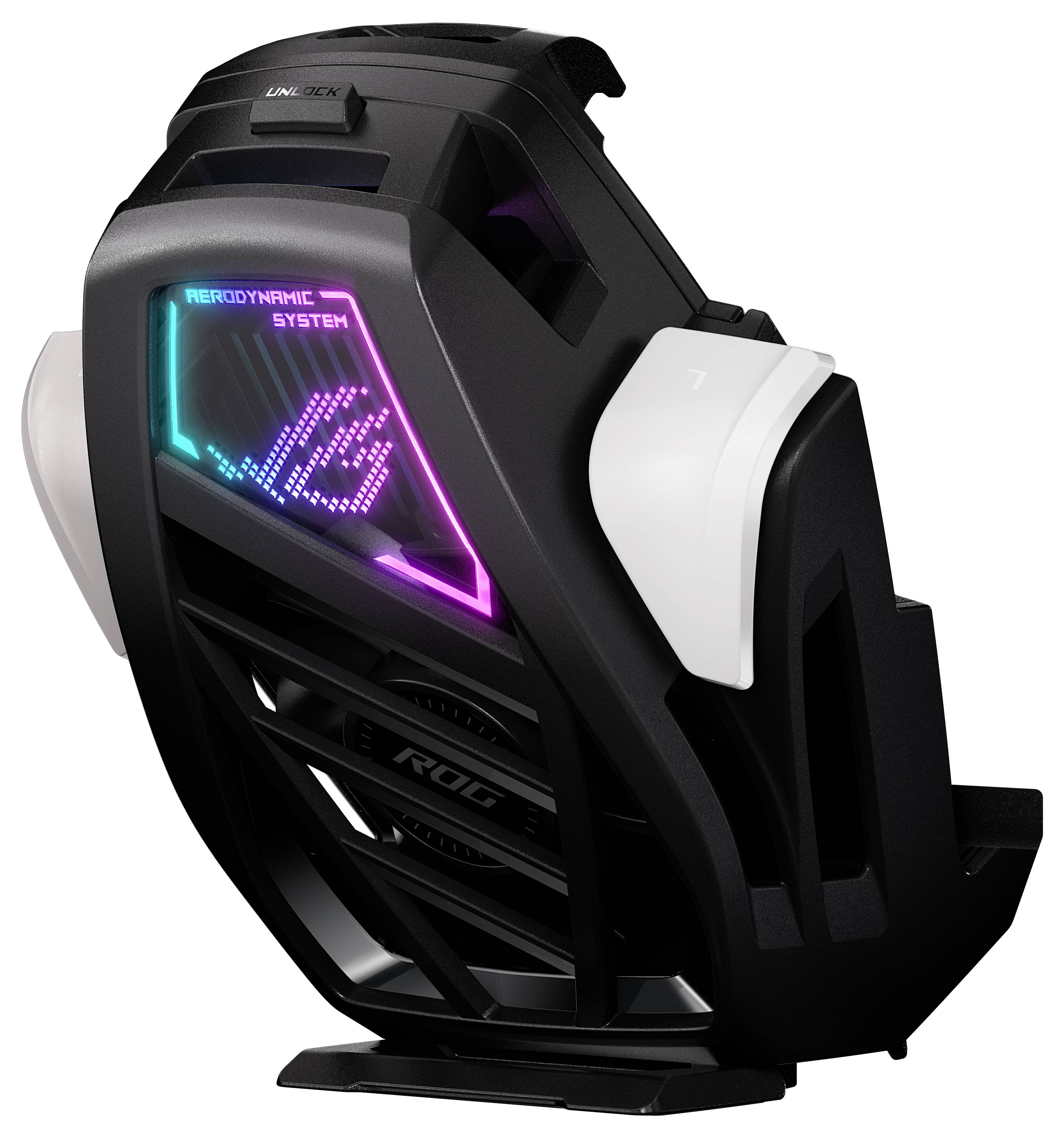 Ein schwarzer Gaming-Laptop-Kühler mit beleuchteten RGB-Elementen und Schriftzug 'AeroDynamic System', ermöglicht bessere Belüftung.