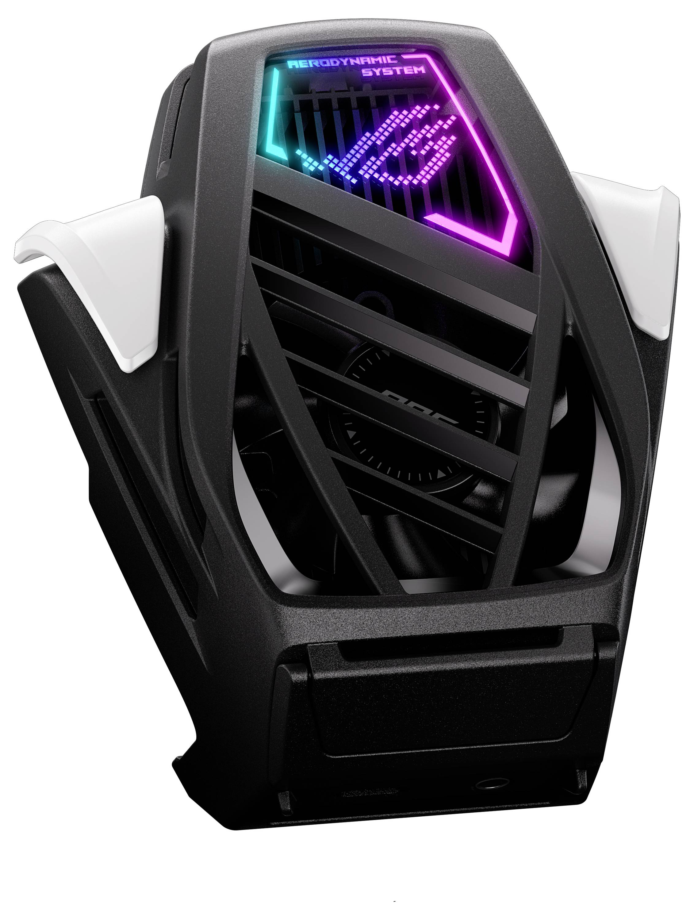 Externe Laptop-Kühllösung mit RGB-Beleuchtung, schwarzes Gehäuse und Lüftergitter, optimiert für starke Gaming-Laptops.