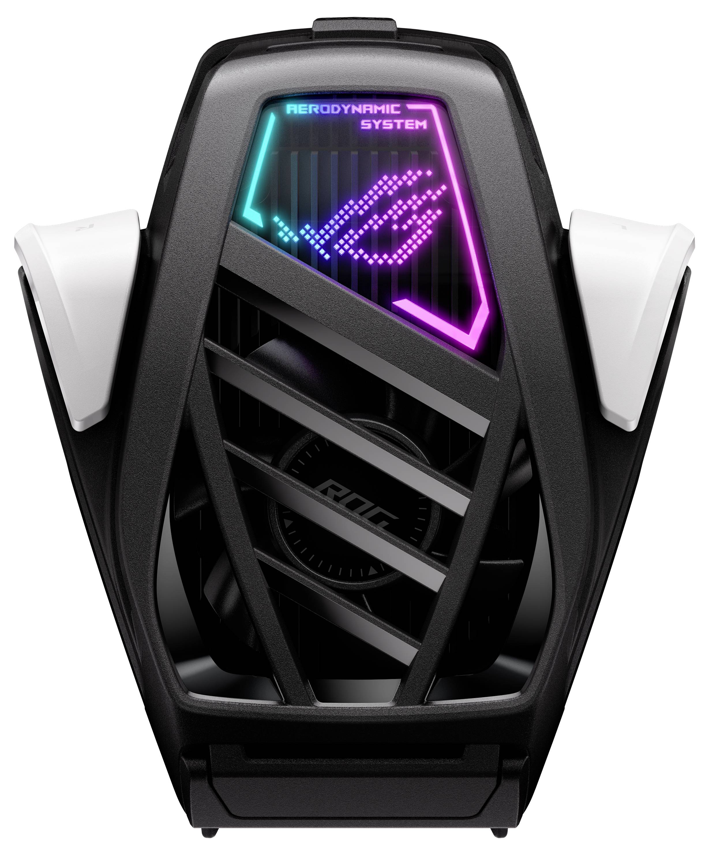 Ein Gaming-Accessoire mit futuristischem Design zeigt ein leuchtendes Logo und den Schriftzug 'AERODYNAMIC SYSTEM' mit RGB-Beleuchtung.