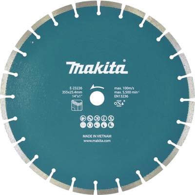 Ein grünes Kreissägeblatt mit Aufschrift 'Makita', Durchmesser 355x25,4 mm, max. 100m/s, max. 5.500 min⁻¹. Hergestellt in Vietnam.