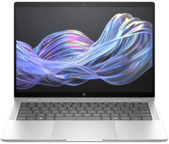 Ein moderner Laptop mit einer farbenfrohen, wellenförmigen Grafik auf dem Bildschirm, die Dynamik und Technologie repräsentiert.