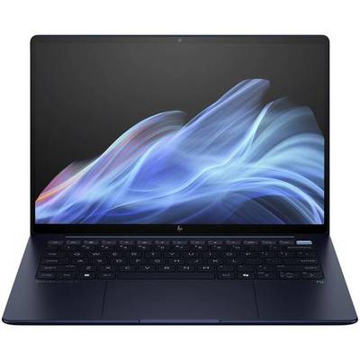 Dünner, eleganter Laptop mit schwarzer Tastatur und großem Display, das ein dynamisches blaues Hintergrundbild zeigt.