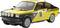 Spielzeugmodell eines gelben Rallyeautos mit schwarzen Streifen und der Nummer '16' auf der Tür.