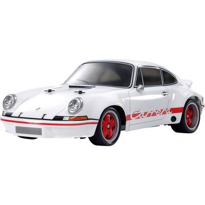 Ein weißes Modellauto des Porsche 911 Carrera mit roten Felgen und rotem "Carrera"-Schriftzug an der Seite, in seitlicher Perspektive.