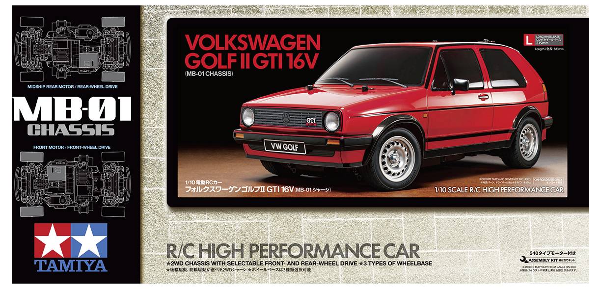Box-Abbildung eines roten Volkswagen Golf II GTI 16V Modellautos von Tamiya im Maßstab 1:10, mit Details zum Chassis.