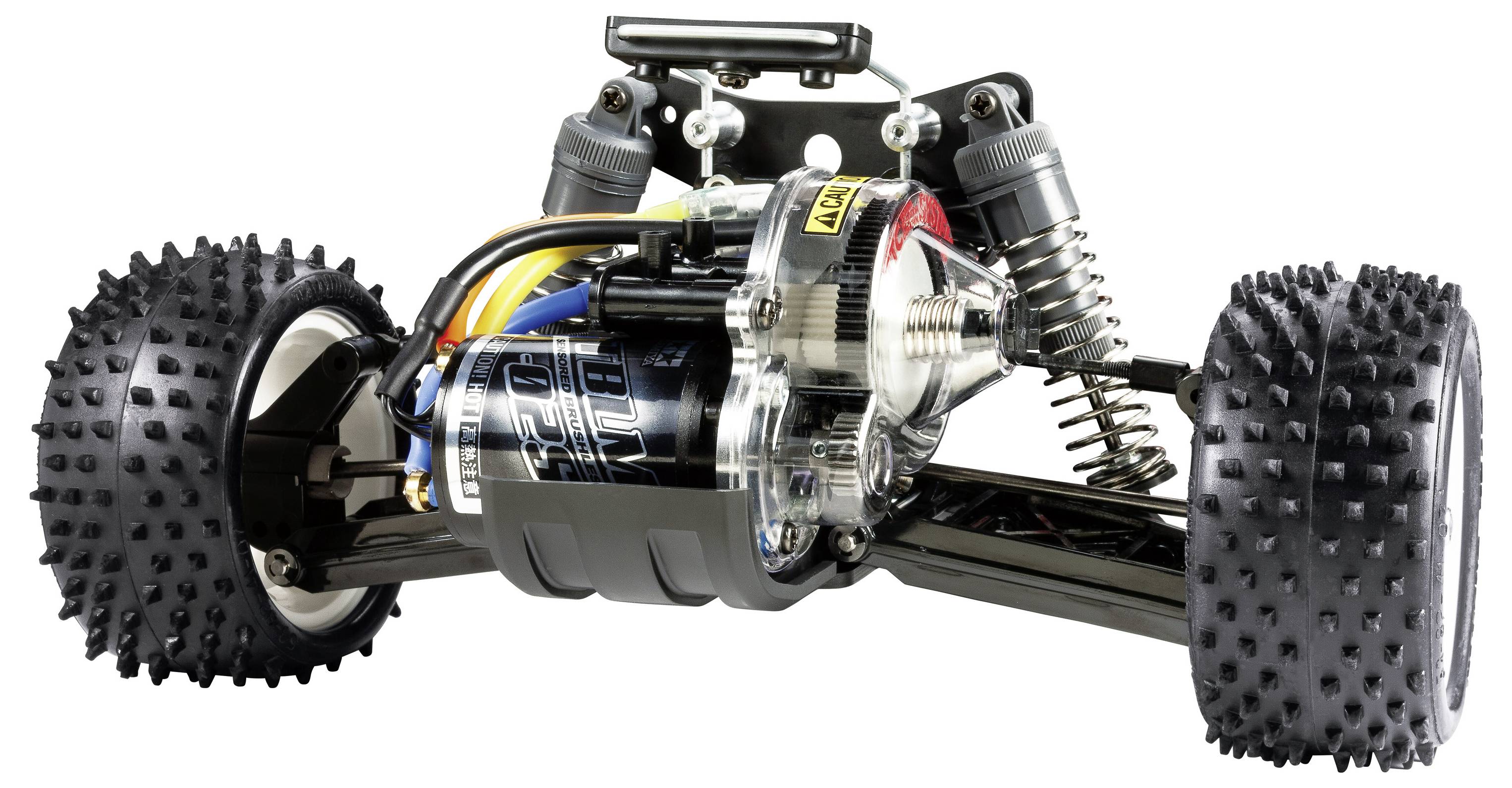 Ein ferngesteuertes Auto-Chassis mit freiliegendem Motor und Federung, hervorgehobene verdrahtete Komponenten und grobstollige Reifen.