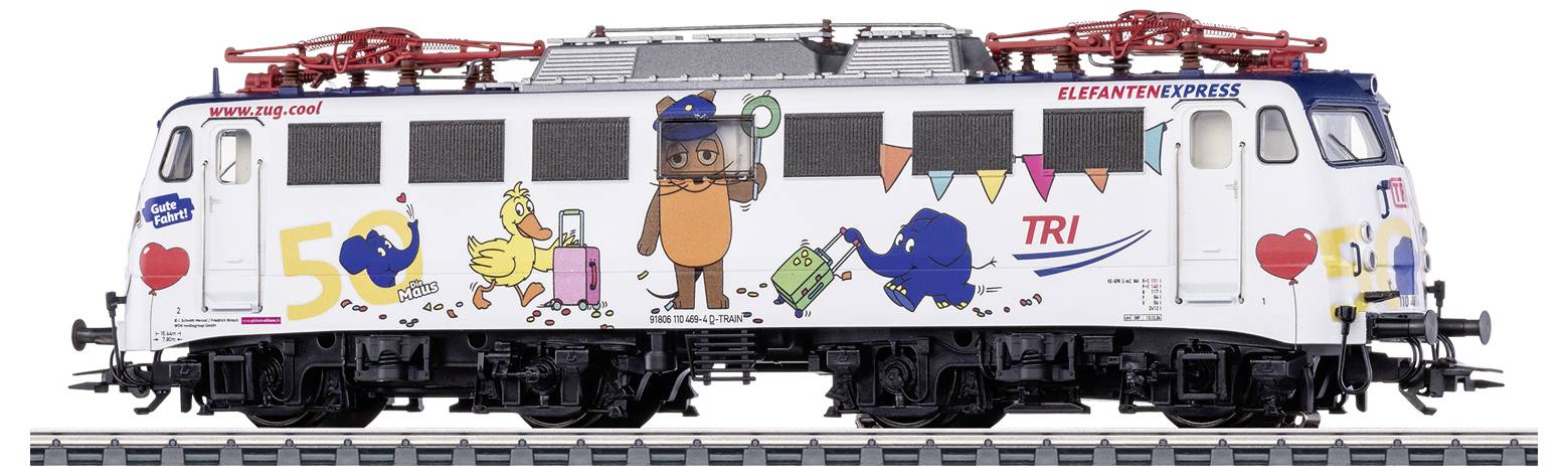 Modell einer elektrischen Lokomotive mit buntem Elefantendesign, zeigt verschiedene Kinderfiguren und 50-Jahre-Logo.