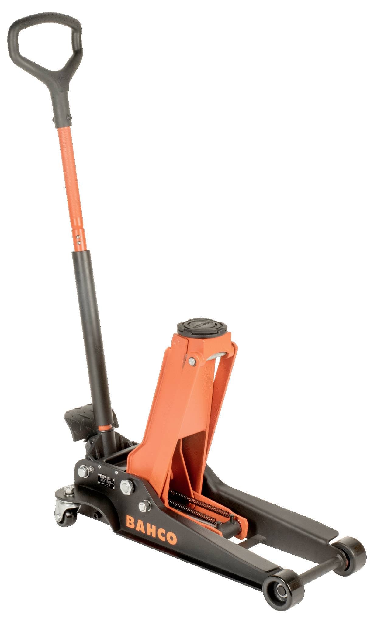 Ein hydraulischer Wagenheber mit orangem und schwarzem Design, geeignet für das Anheben von Fahrzeugen in Werkstätten oder Garagen.