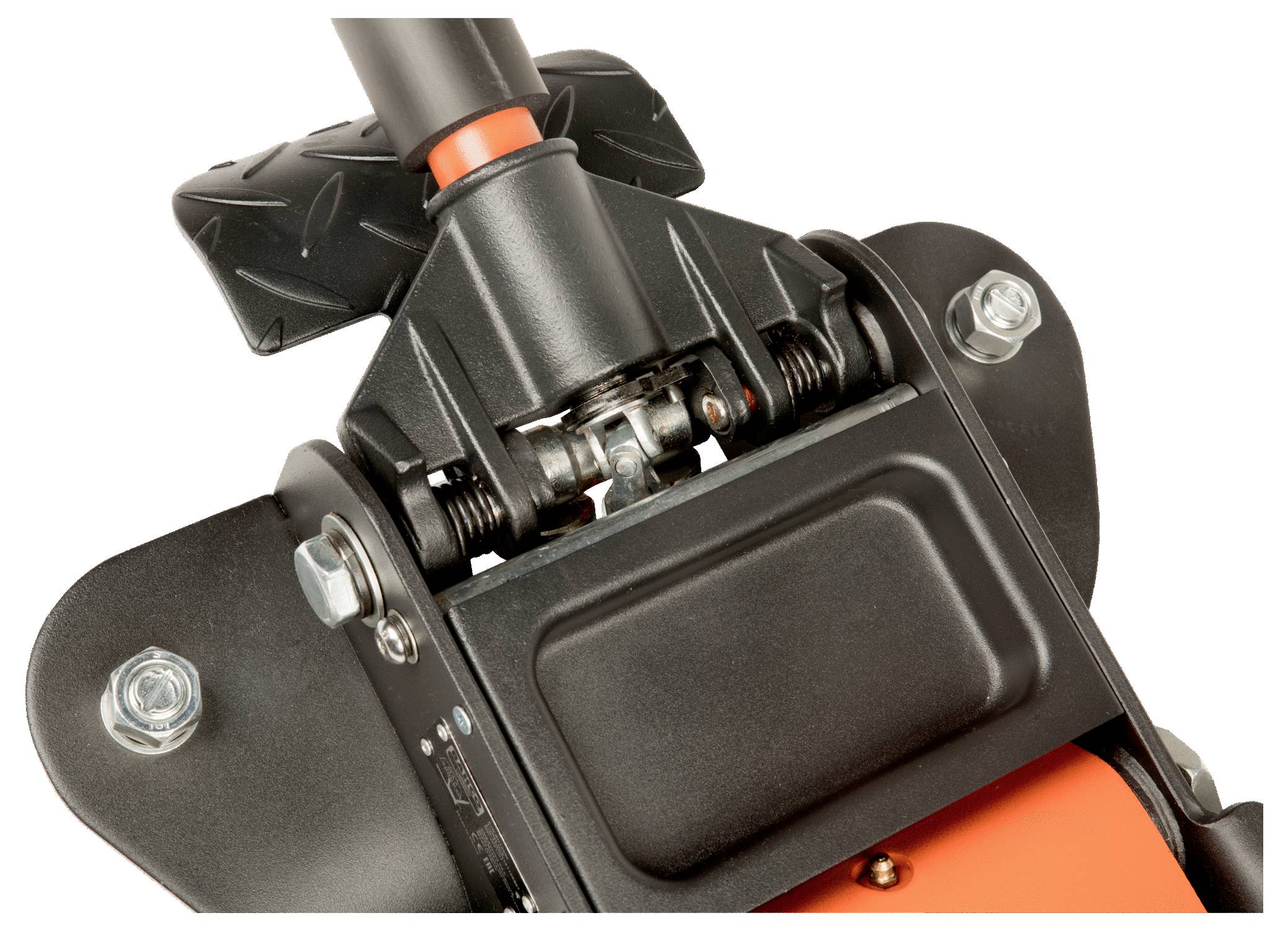 Rückansicht einer mechanischen Hebevorrichtung aus Metall mit Hebel und Schrauben, die Manövrierfähigkeit anzeigen.