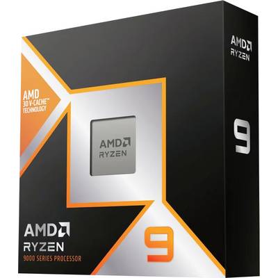 Schwarze Verpackung eines 'AMD Ryzen 9 9000 Series' Prozessors mit orangenen Akzenten und 'AMD 3D V-Cache Technology' Hinweis.