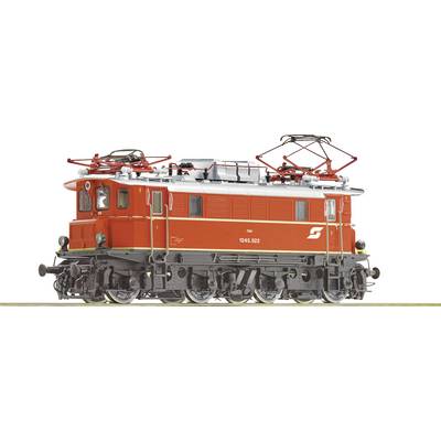 Modell einer roten Elektrolokomotive mit detaillierten Komponenten und Stromabnehmern auf dem Dach.