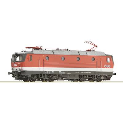Rote Elektrolokomotive der ÖBB mit schwarzen und grauen Details, auf Gleis stehend; Seitenansicht.