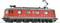 Ein roter Zug mit der Aufschrift 'SBB CFF'. Es handelt sich um eine Modelllokomotive der Schweizerischen Bundesbahnen mit Oberleitung.