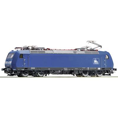 Eine blaue Elektrolokomotive mit der Aufschrift 'PRESS' an der Seite. Sie ist modern gestaltet, mit sichtbaren mechanischen Details oben.