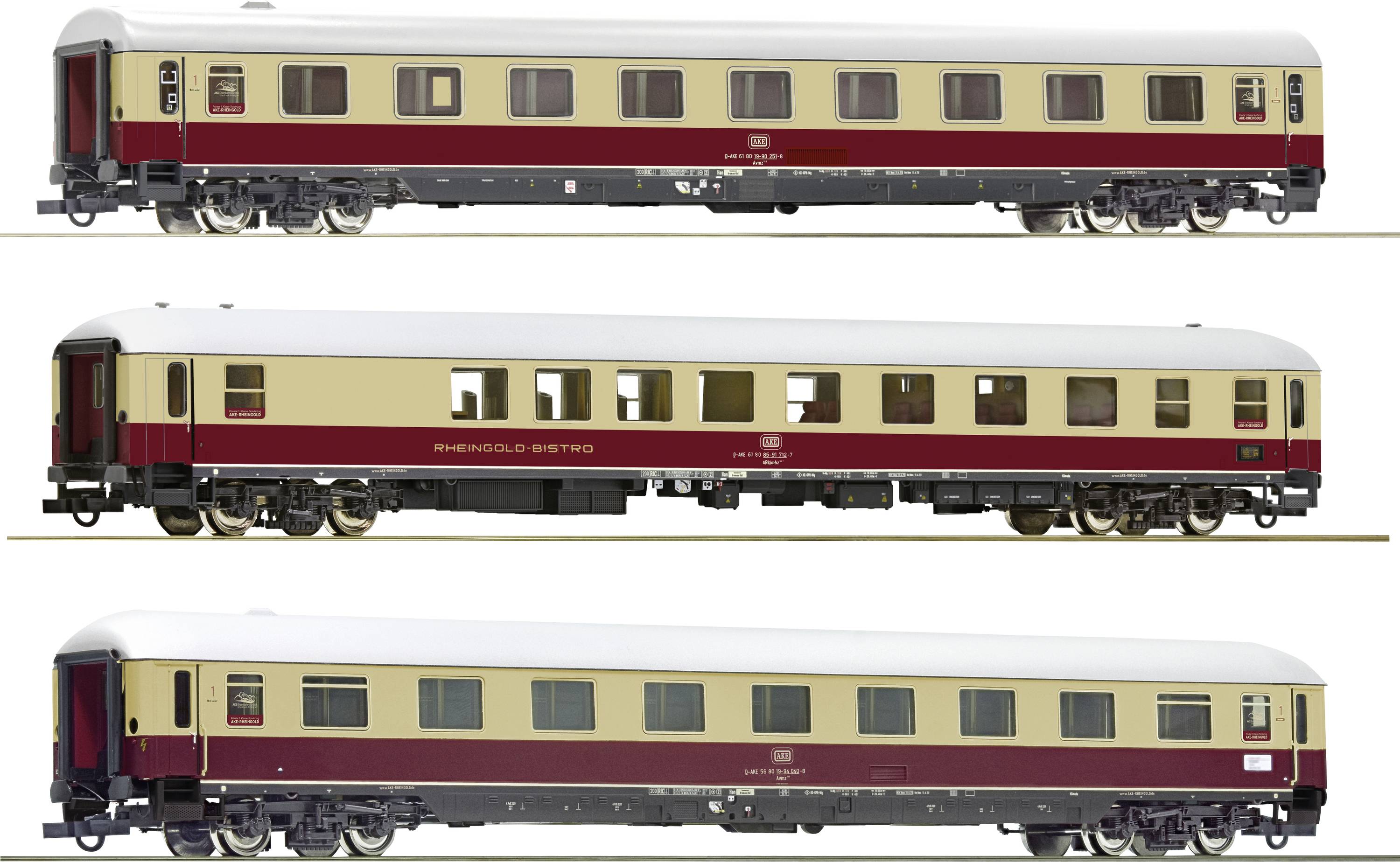 Roco 6200122 H0 3-delige set 3 &bdquo;Rheingold&rdquo; van de AKE-spoorwegtoerisie 1e klas coup&eacute;rijtuig, bistrowagen, 1e klas coup&eacute;rijtuig.