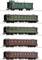 Fünf Eisenbahnwagen in unterschiedlichen Designs und Farben: ein Gepäckwagen (grün), zwei grüne Personenwagen und zwei rote Personenwagen. Alle auf einem Gleis präsentiert.