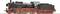 Altes schwarzes und rotes Modell einer Dampflokomotive aus seitlicher Ansicht auf einem Gleis, zeigt historische Details der Technik.