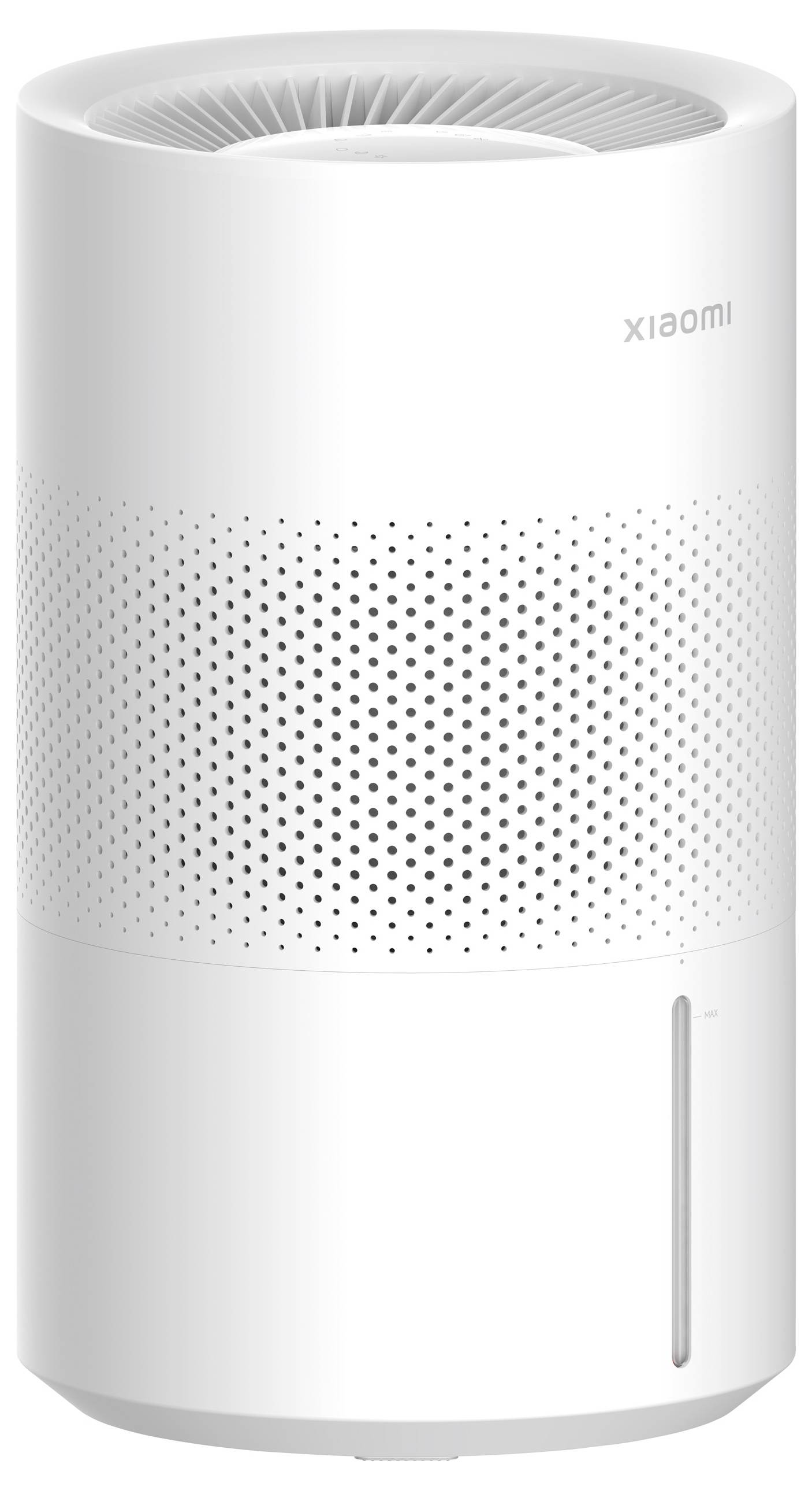 Ein weißer Luftreiniger mit zylindrischer Form und perforiertem Muster in der Mitte. Oben befindet sich ein Ventilator.