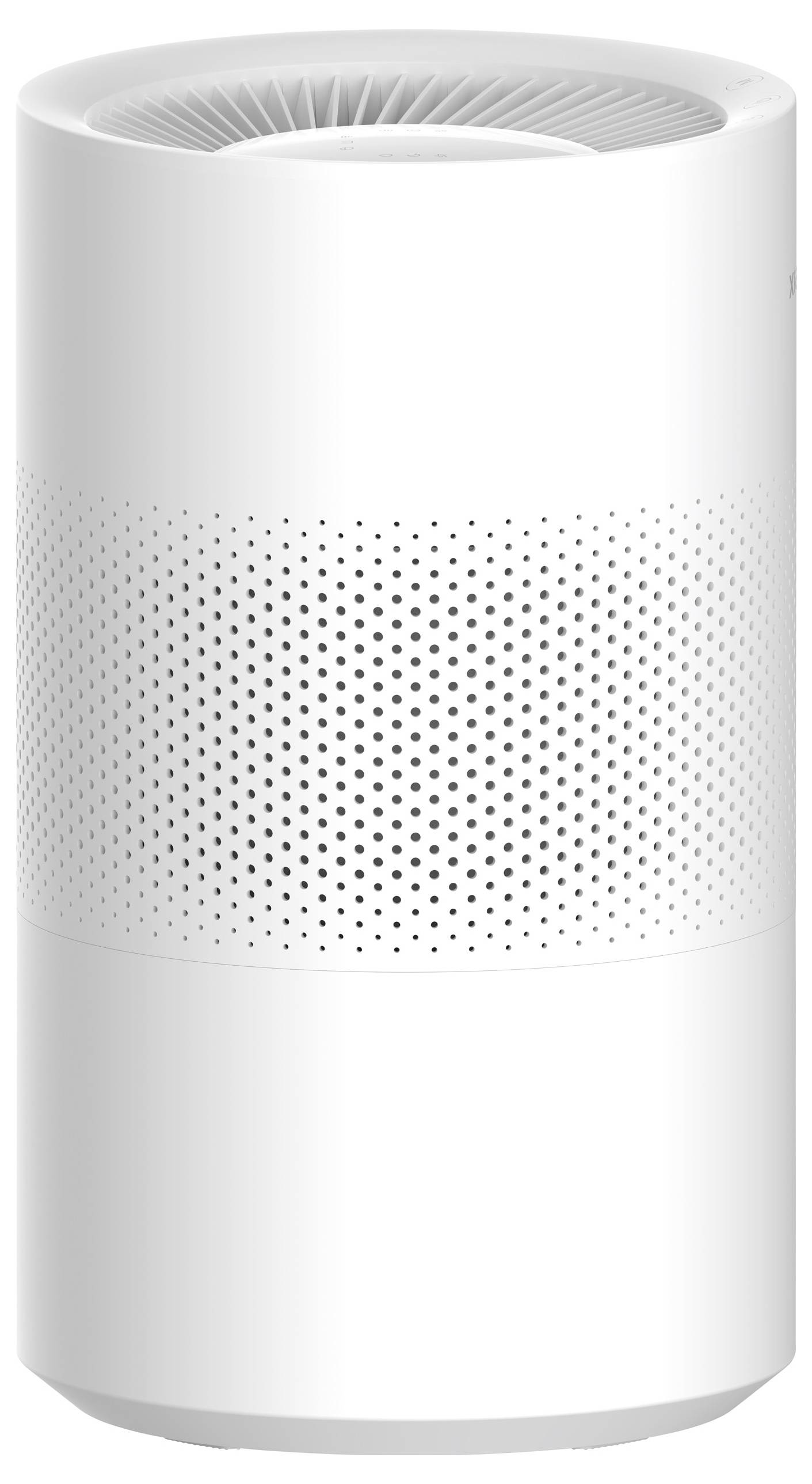 Ein weißer, zylindrischer Luftreiniger mit einem perforierten mittleren Bereich steht aufrecht.
