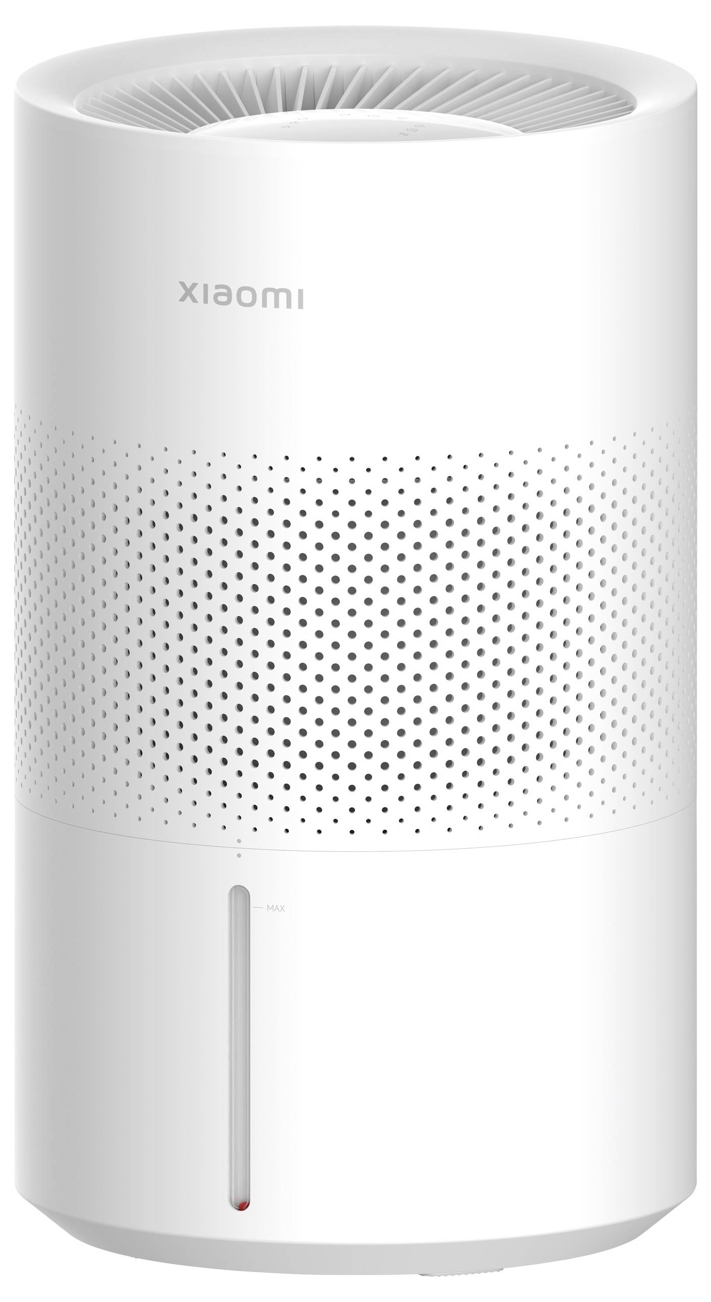 Ein weißer zylindrischer Luftreiniger mit perforierten Lüftungsöffnungen und einem kleinen Schlitz mit rotem Indikator an der Unterseite.