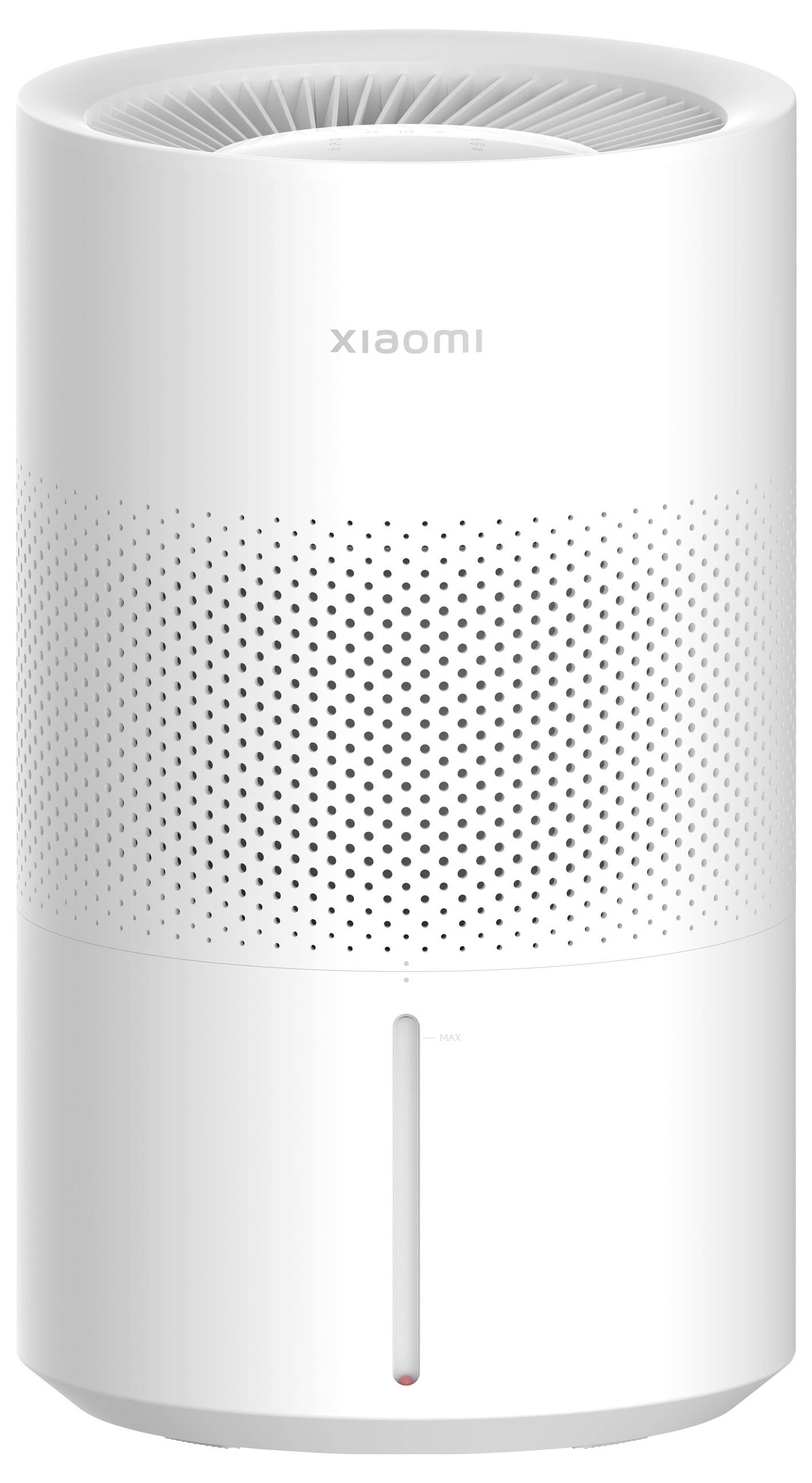 Ein weißer Luftreiniger mit einem zylindrischen Design und einer perforierten Oberfläche. Oben befindet sich der Markenname.