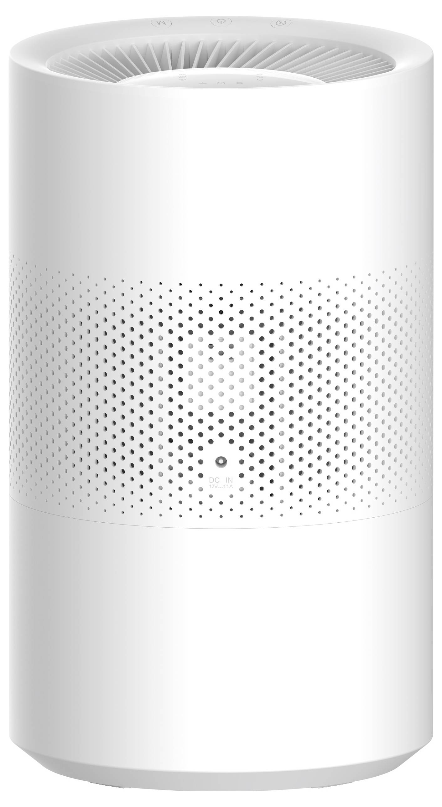 Ein weißer Luftreiniger in zylindrischer Form mit einem perforierten Mittelteil zur Luftfiltration. Oben befindet sich der Luftauslass.