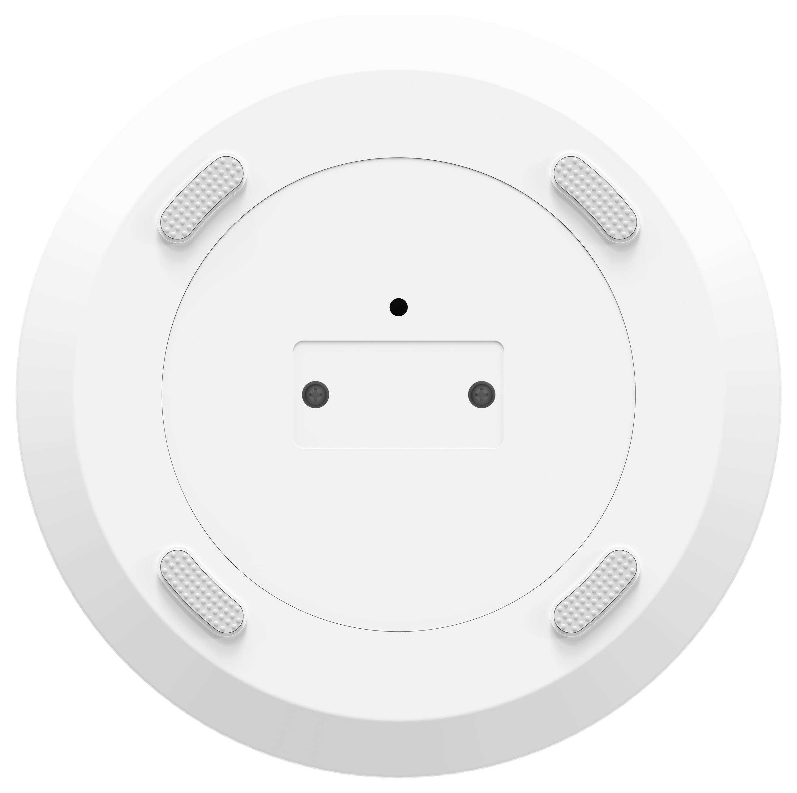 Runder, weißer Rauchmelder mit zentralem Sensor und vier LED-Anzeigen.