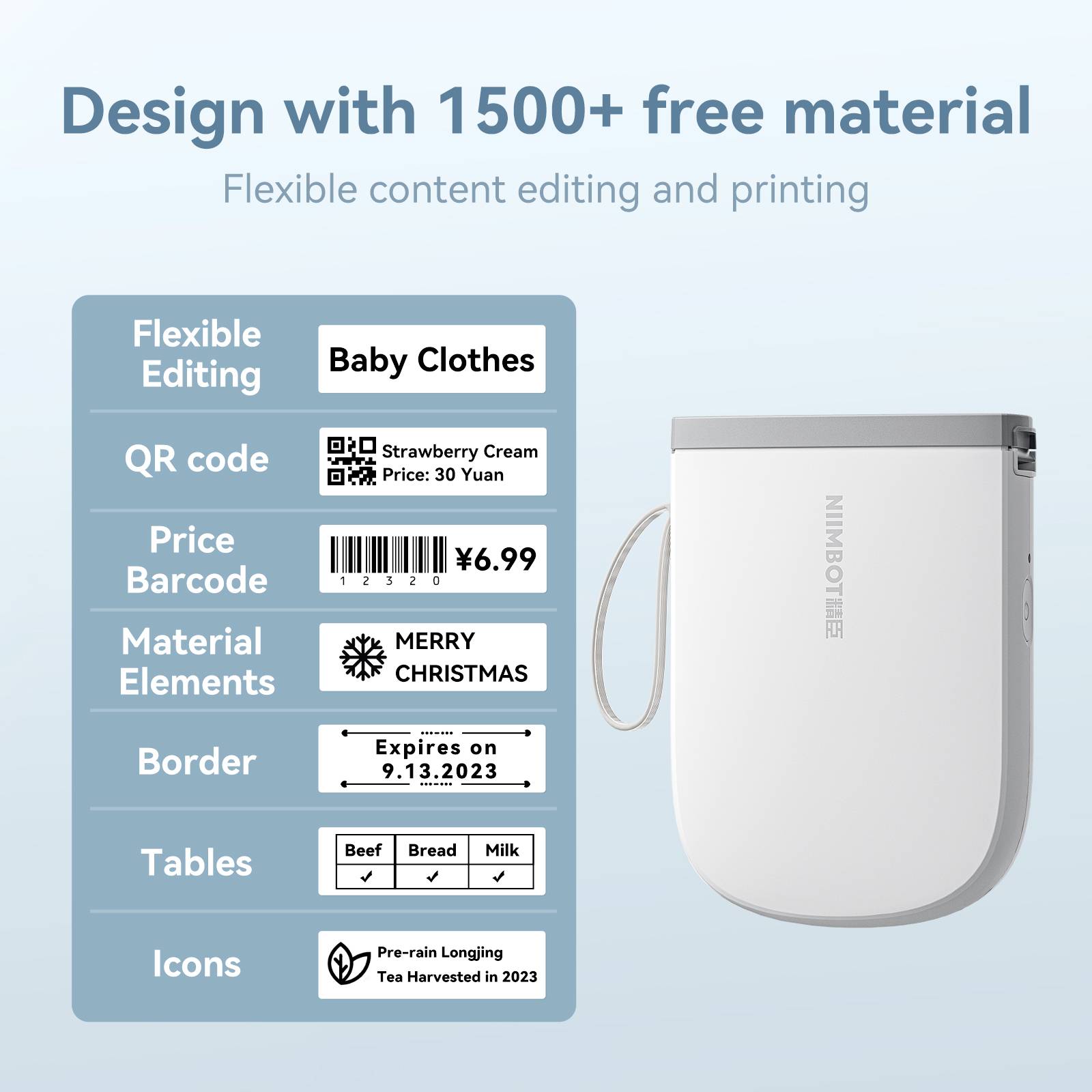 Mobiler Drucker mit flexiblem Inhalt. Enthält Vorlage für 'Baby Clothes', Preis-Barcode, Materialsymbole, QR-Code und Design-Elemente.