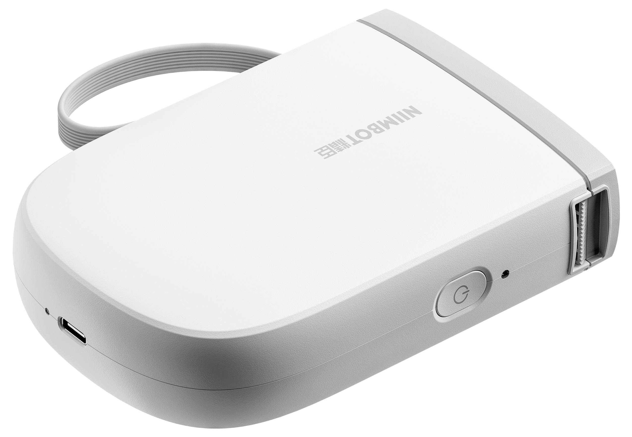 Ein tragbarer, weißer Mini-Drucker mit einem Knopf und USB-Anschluss, geeignet für mobiles Drucken.