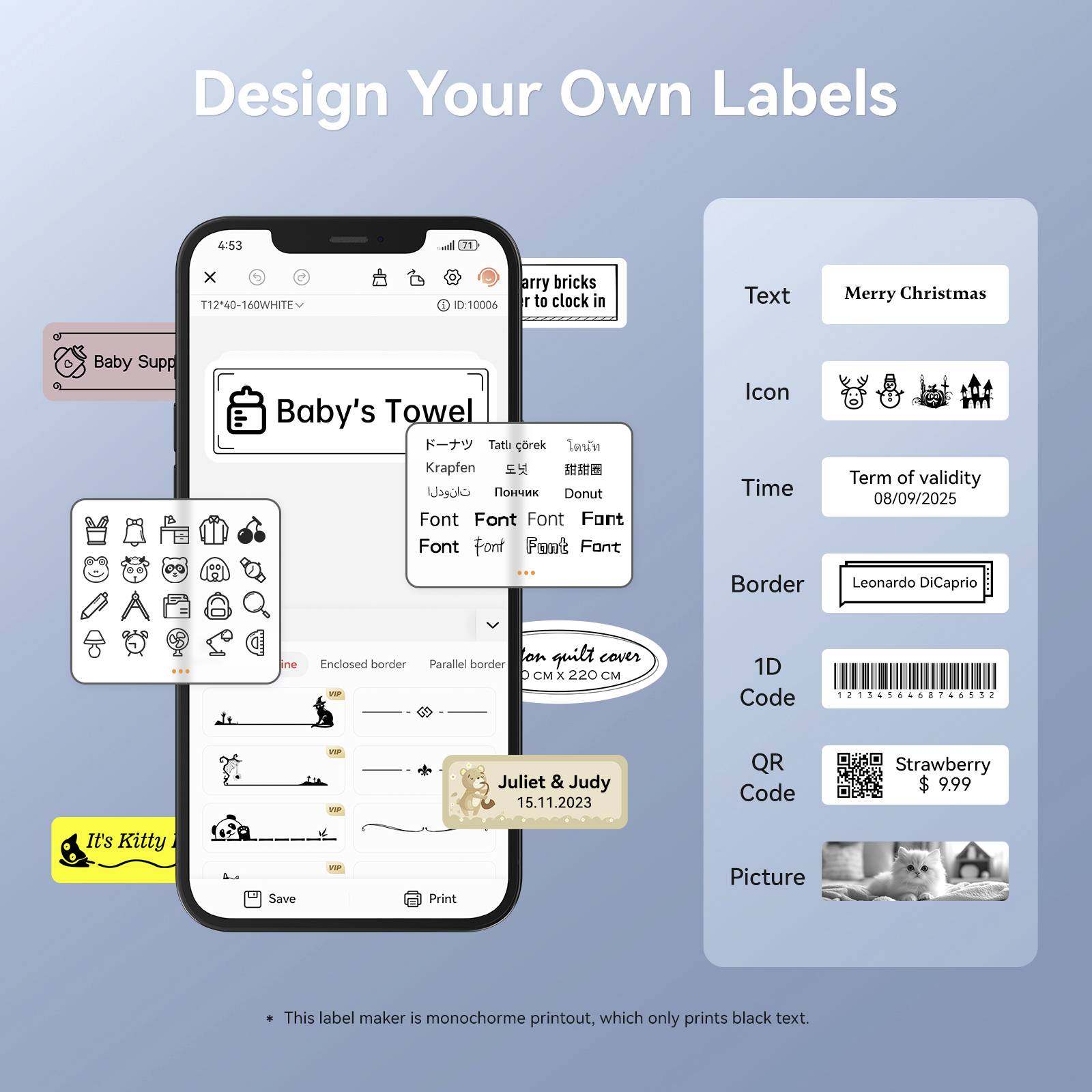 'Design your own labels' zeigt ein Smartphone-Bildschirm mit Optionen zur Gestaltung verschiedener Etiketten, wie Text, Rahmen und Bild.